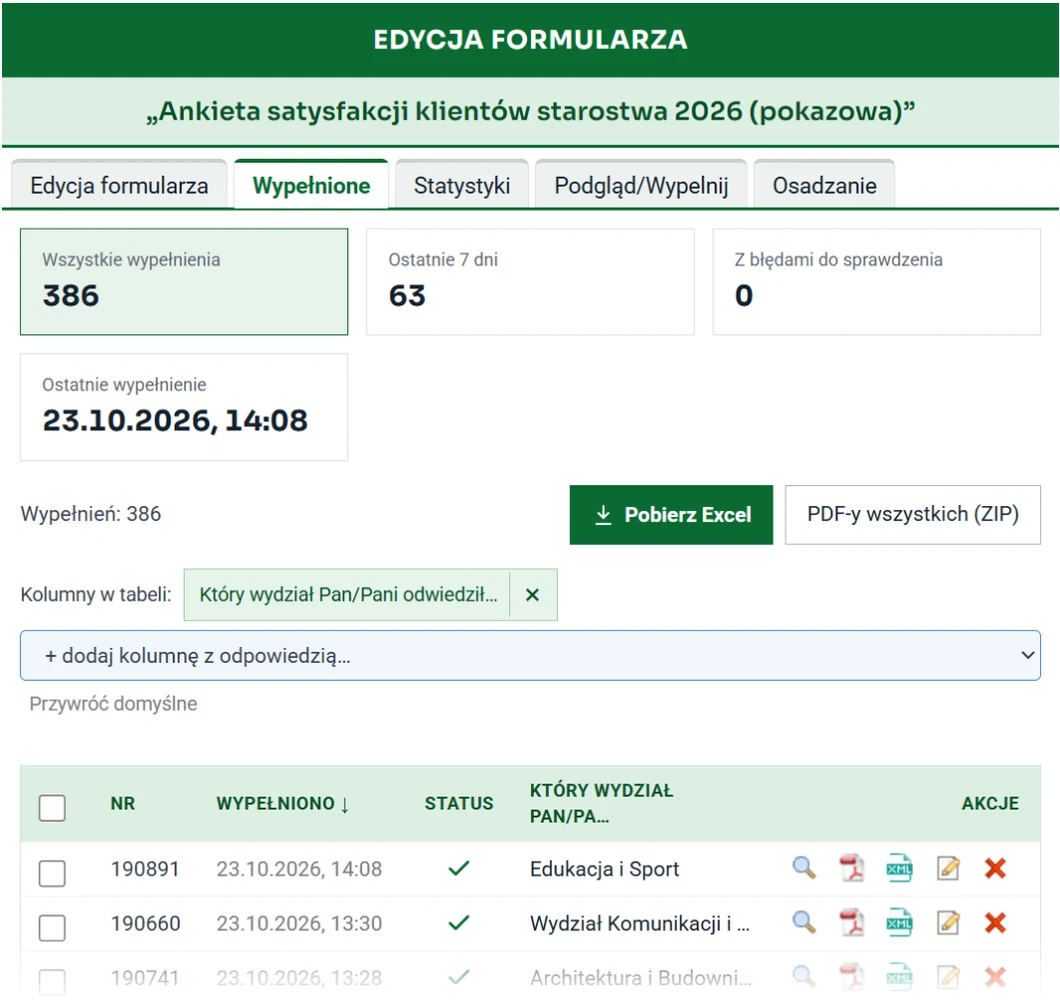 Lista wypełnień ankiety: liczniki wypełnień, przyciski Pobierz Excel i PDF-y wszystkich, kolumna z wydziałem oraz ikony podglądu, PDF i edycji